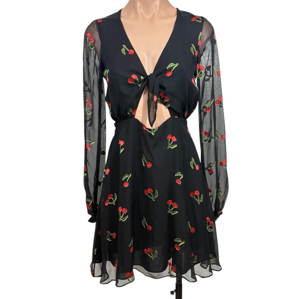 For Love & Lemons Women's Cherry Twist Mini Dress black cherry print S - Picture 2 of 11